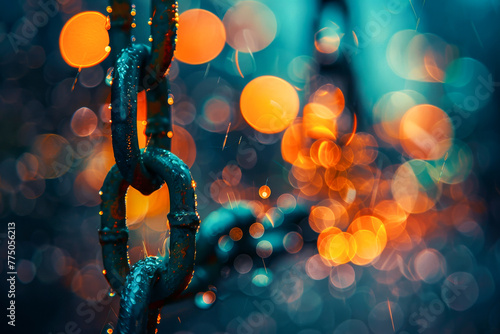 Close-up sparkling chain link with bokeh light effects on a dark background