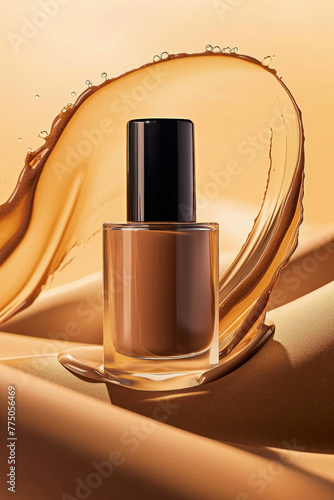 Cosmetic product in a desert landscape bottle of liquid foundation with water splash on sand dune background