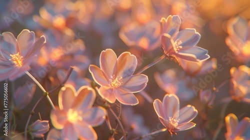 A tranquil field of flowers basked in the soft glow of the golden hour, their petals delicately lit by the sun's farewell embrace. A picturesque moment of natural beauty.