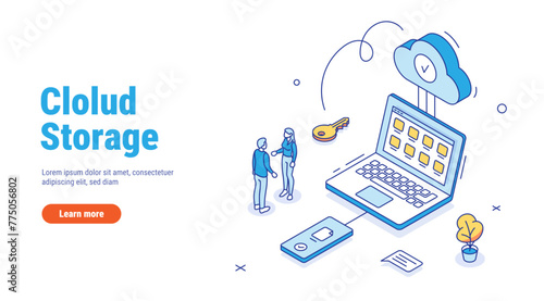 Cloud storage concept with pc, laptop, smartphone. Process of synchronizing files between your phone, computer or laptop and cloud storage. Outline style Isometric vector illustration isolated white.