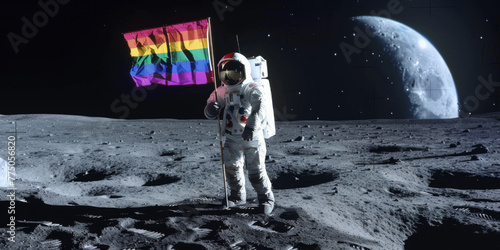Astronauts land on the moon and place an LGBT flag on it. Adventure with equal rights