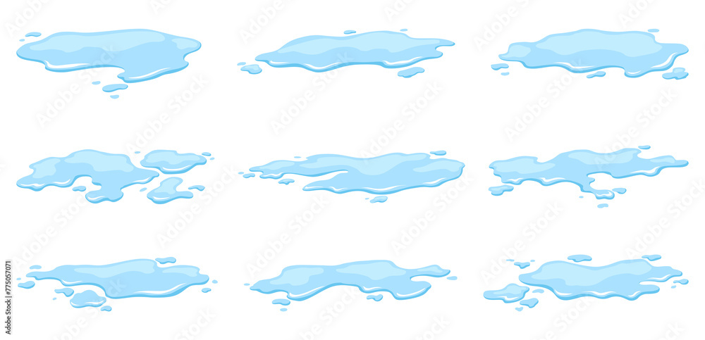 Fototapeta premium Water spill puddles set. Blue liquid various shape in flat cartoon style. Clean fluid drop design elements isolted on white background
