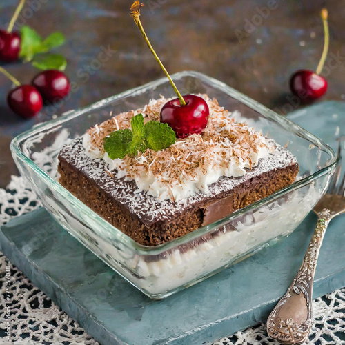 Cake in a square glass dish with grated coconut and cherry on top. (ID: 775057038)
