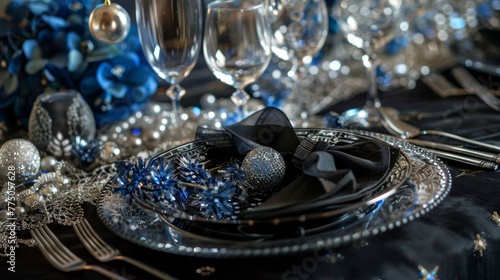 A table set for a holiday party with silver and blue decorations