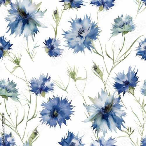 A seamless watercolor illustration presenting serene cornflower blooms in shades of marlin  capri  and chambray blue for a tranquil design.