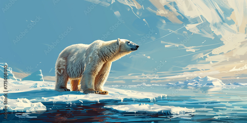 A painting showing a polar bear standing on top of an iceberg in its ...