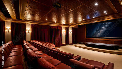 Una imagen que representa a una sala de cine super lujosa en tonos dorados