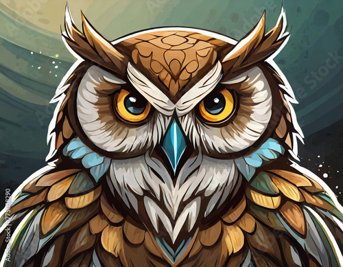 Drawing of a brave owl, staring. colorful imitating cartoon and vector style. (ID: 775058290)