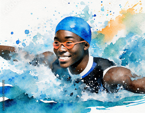 A drawing of a person swimming in the water with a blue cap. (ID: 775058292)