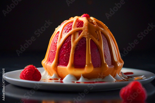 Dessert with strawberries and vinella ice cream and creamy milk and rose syrup photo