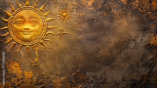Painting of a sun featuring a human-like face Solstice banner copy space