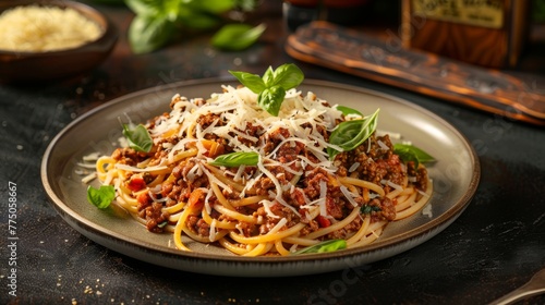 Elegantly plated spaghetti Bolognese with sprinkled cheese and basil on top  served in a modern culinary presentation.
