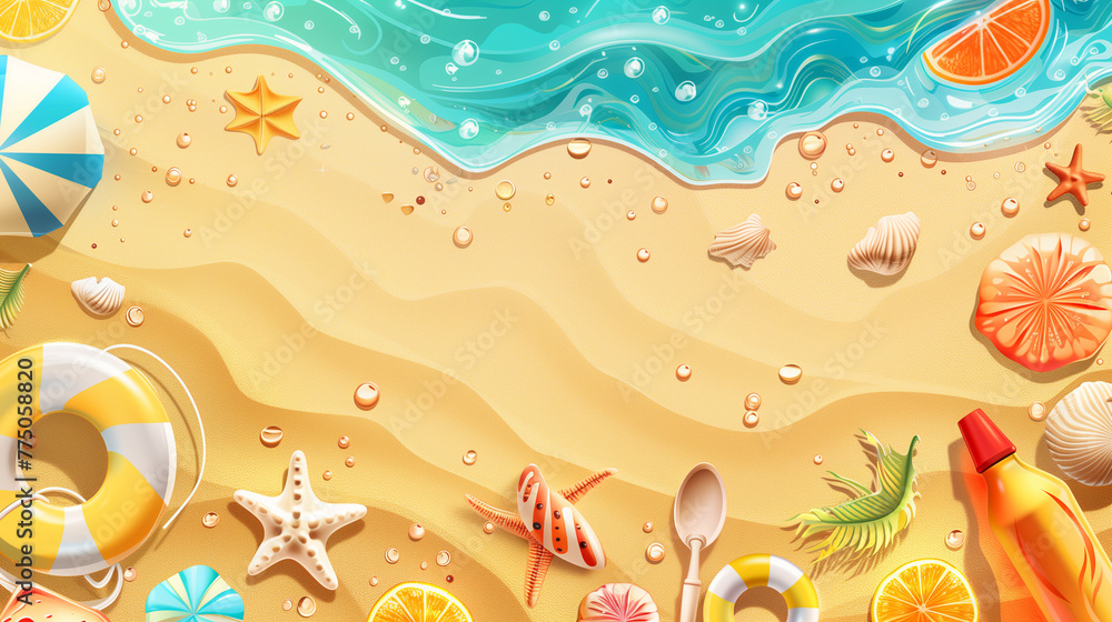 Sandy beach covered in different types of items, creating a cluttered scene summer symbols copy space
