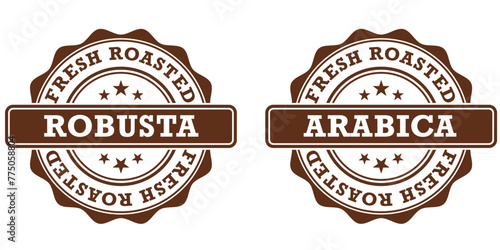 Set of fresh roasted coffee robusta stamp in black, red and brown color icons. Symbols for business, cafe, coffeeshop, package, web or app.