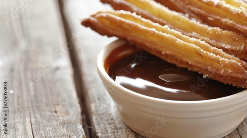 Churros, golden and sugary, rest beside a bowl of smooth chocolate, inviting a dip. The rustic wooden background enhances the homemade appeal of this classic dessert.