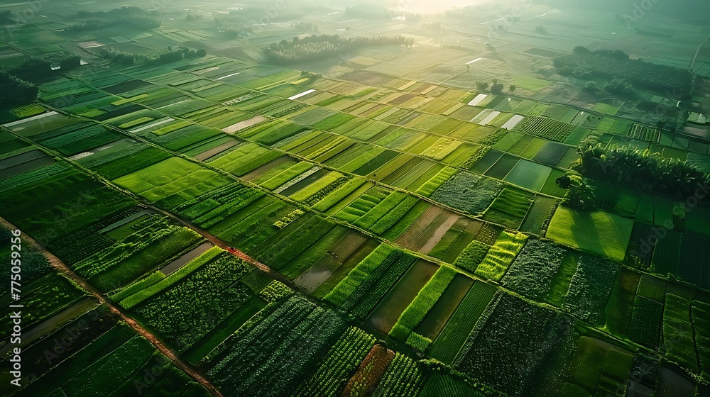 An aerial view of a patchwork of farmland quilted with fields of crops - obrazy, fototapety, plakaty 