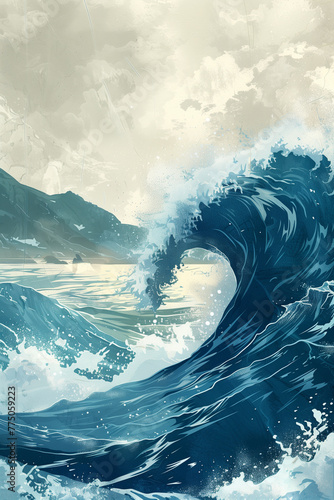 Painting Tsunami of a powerful wave crashing in the ocean vertical