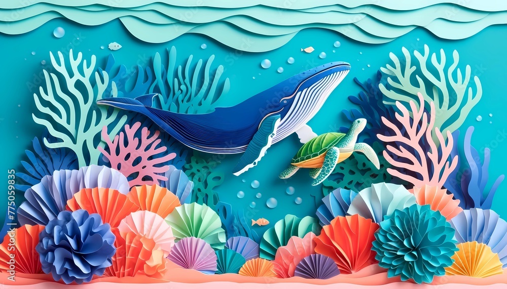 Paper cut art for world ocean day concept with whale turtle and fish swimming underwater to conservation environment and oceans campaign Paper cut art for world ocean day concept with whale turtle and fish swimming underwater to conservation environment and oceans campaign