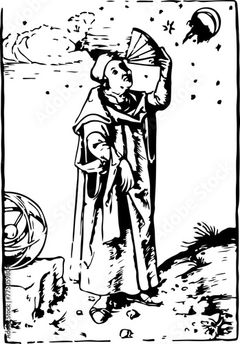 A vintage woodcut style illustration of an astronomer looking at the stars through a hand fan, suggesting the study of the cosmos in earlier times.