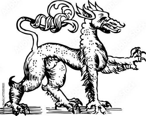 This woodcut illustrates a rampant mythical creature, perfect for fantasy themes or heraldic representations.