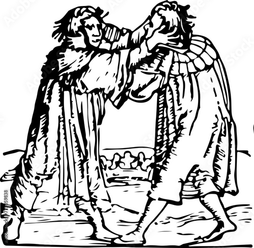 A dynamic illustration capturing a moment of intense duel between two medieval figures, ideal for historical narratives.