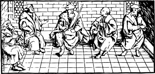 A woodcut depicting medieval musicians entertaining in a great hall, great for historical and musical themes.