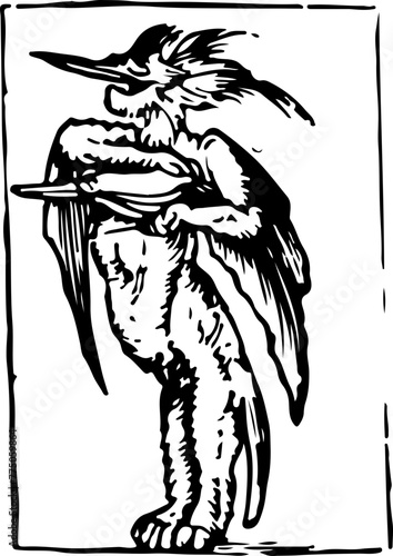 A woodcut illustration of a mythical bird creature, ideal for fantasy, mythology, and literary themes.