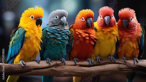 A group of colorful parrots perched on a tree branch, each showcasing a different combination of vivid feathers. © ASMAT