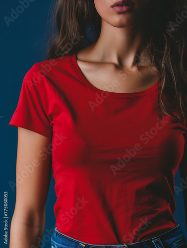 Black t-shirt mockup of a shapely woman for the desired content. photo