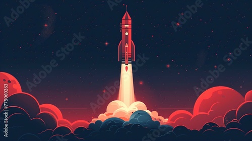Simplistic rocket, takeoff, starry sky, adventure theme