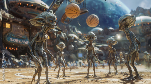 alieni che giocano a basket sulla luna in una diversa galassia, sfondo di luna e colori blu dello spazio photo