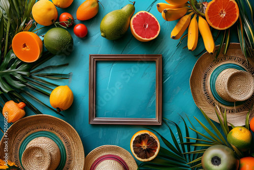 A picture frame is surrounded by various fruits and vibrant palm leaves copy space festa Junina photo