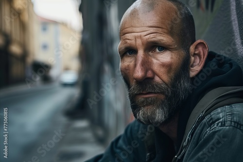 Portrait of an old man with a beard on the street.