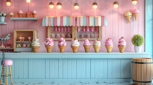 A beautiful decorated ice cream shop with a variety of ice cream flavors to choose from.