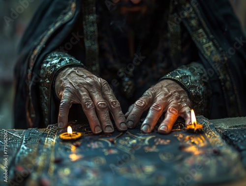 Zoom in on the hands of a Demonolater as they intricately arrange symbolic items on an altar, showcasing the contrast between light and shadows to create a suspenseful and intriguing composition