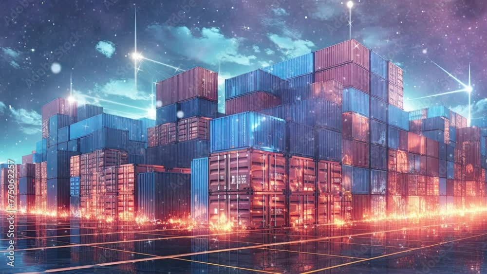 Cargo Containers at logistic hub with virtual scheme over it Cargo Containers at logistic hub with virtual scheme over it