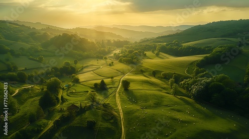An aerial view of a picturesque countryside with rolling hills and winding country roads
