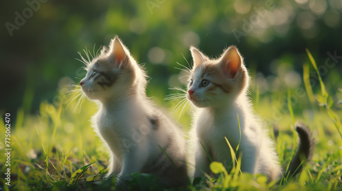 Two little baby cats sitting on the grass. Animals photography