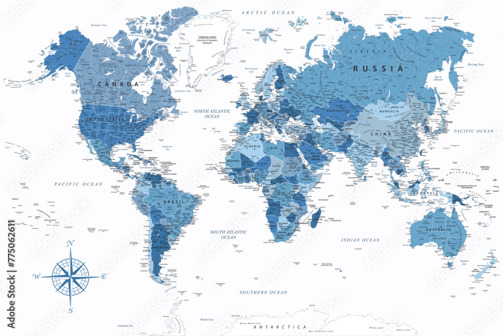 World Map - Highly Detailed Vector Map of the World. Ideally for the Print Posters. Faded Blue White Colors