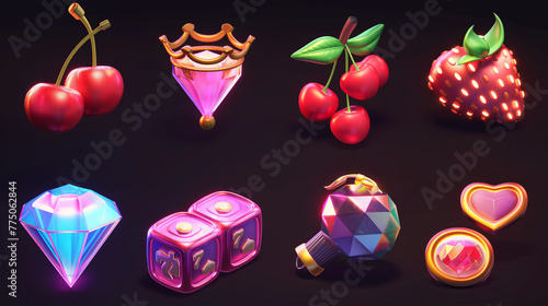 Set of slot game icon with colorful on dark background, Illustration