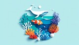 Paper cut art for world ocean day concept with whale turtle and fish swimming underwater to conservation environment and oceans  campaign