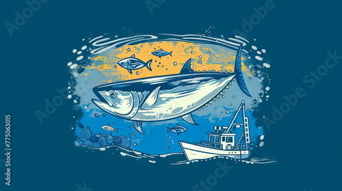 World Tuna Day May 2 with fishing boat on blue background. © Curva Design