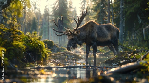 Moose in Grand Teton National Park wading and eating in a field and a wading in a beaver pond © muza