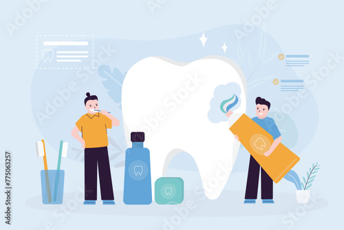 Healthy white tooth. Group of kid boys with dental floss, toothbrush and toothpaste taking care of tooth. Brushing teeth. Childhood, healthcare, dental and oral care concept.