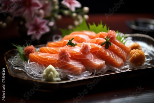 Tasty sashimi on a metal tray against a silk fabric background