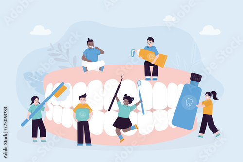 Jaws with healthy teeth. Happy friends kids with oral care tools - brush, toothpaste, floss. Healthy teeth after brushing and whitening. concept of pediatric stomatology.