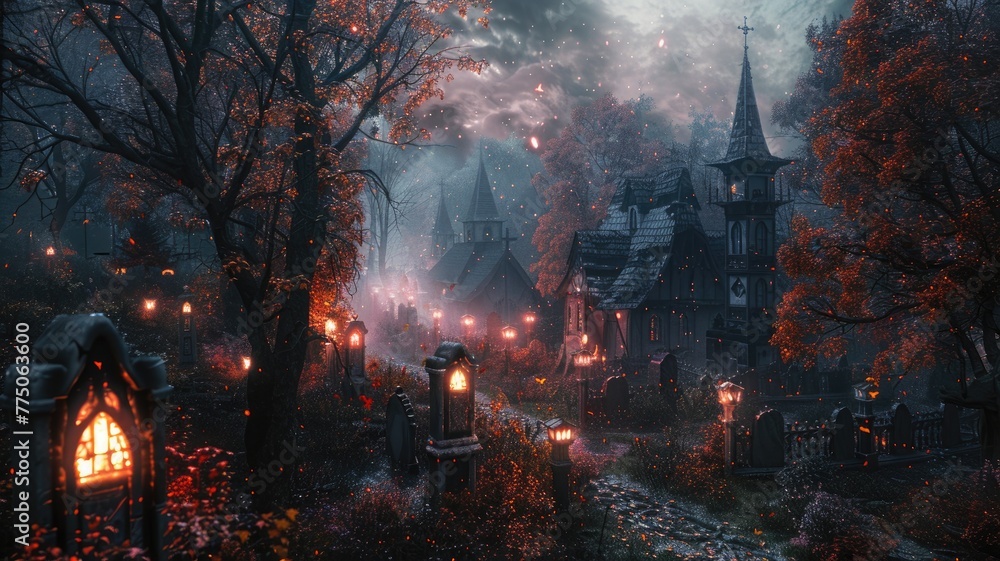 Misty Graveyard with Lighting in a Mystical Old Small Autumn. Generative AI