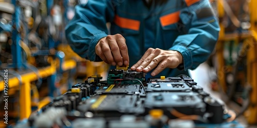 Mechanic performing car battery maintenance and checking electrical system at an auto repair service. Concept Auto Repair Service, Car Battery Maintenance, Electrical System Check