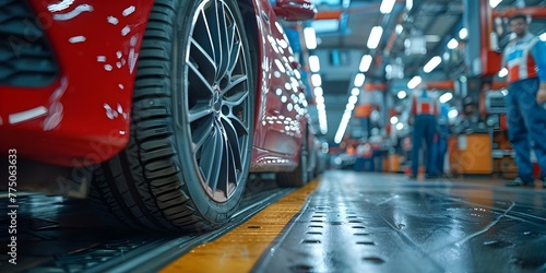 A car being serviced at an auto repair center with mechanics inspecting tires and performing maintenance. Concept Auto Repair Center, Car Service, Tire Inspection, Mechanic Maintenance photo
