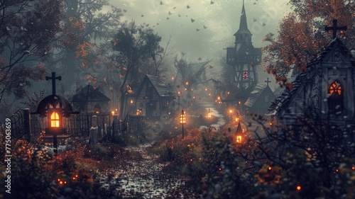 Misty Graveyard with Lighting in a Mystical Old Small Autumn. Generative AI